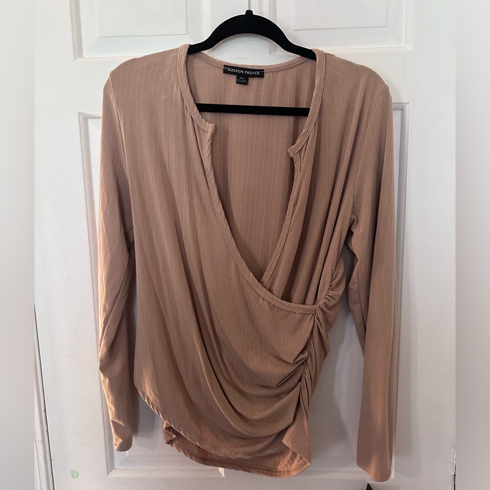 Boston Proper Tan Wrap Top